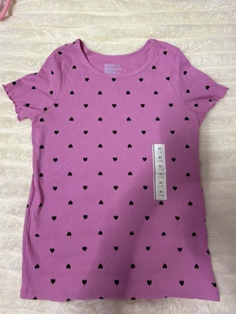 Cat & Jack Girls' Ribbed Short Sleeve Heart Print T-Shirt, Purple, XL (14)